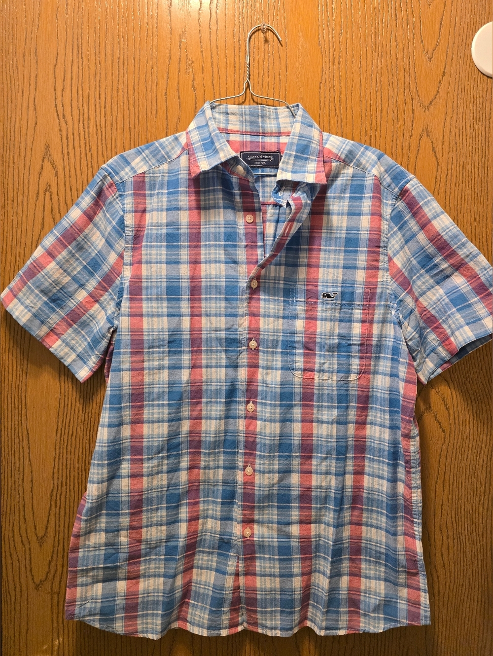Vineyard Vines Blue & Pink Plaid Short-Sleeve Button-Down Shirt Mens Small EUC
